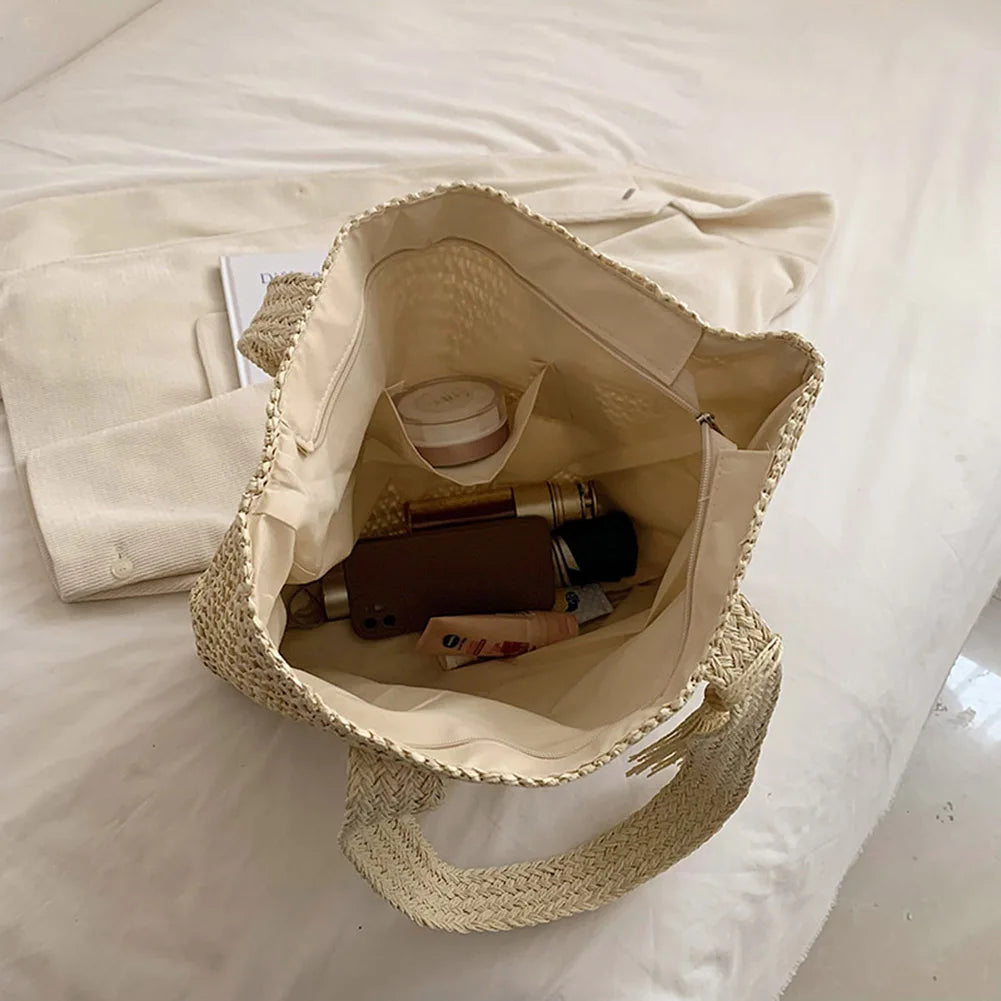 Boho Straw Beach Tote with Tassel – Curated by Zorafort