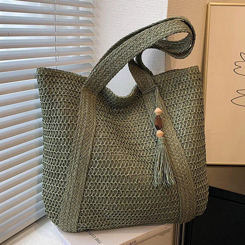 Boho Straw Beach Tote with Tassel – Curated by Zorafort