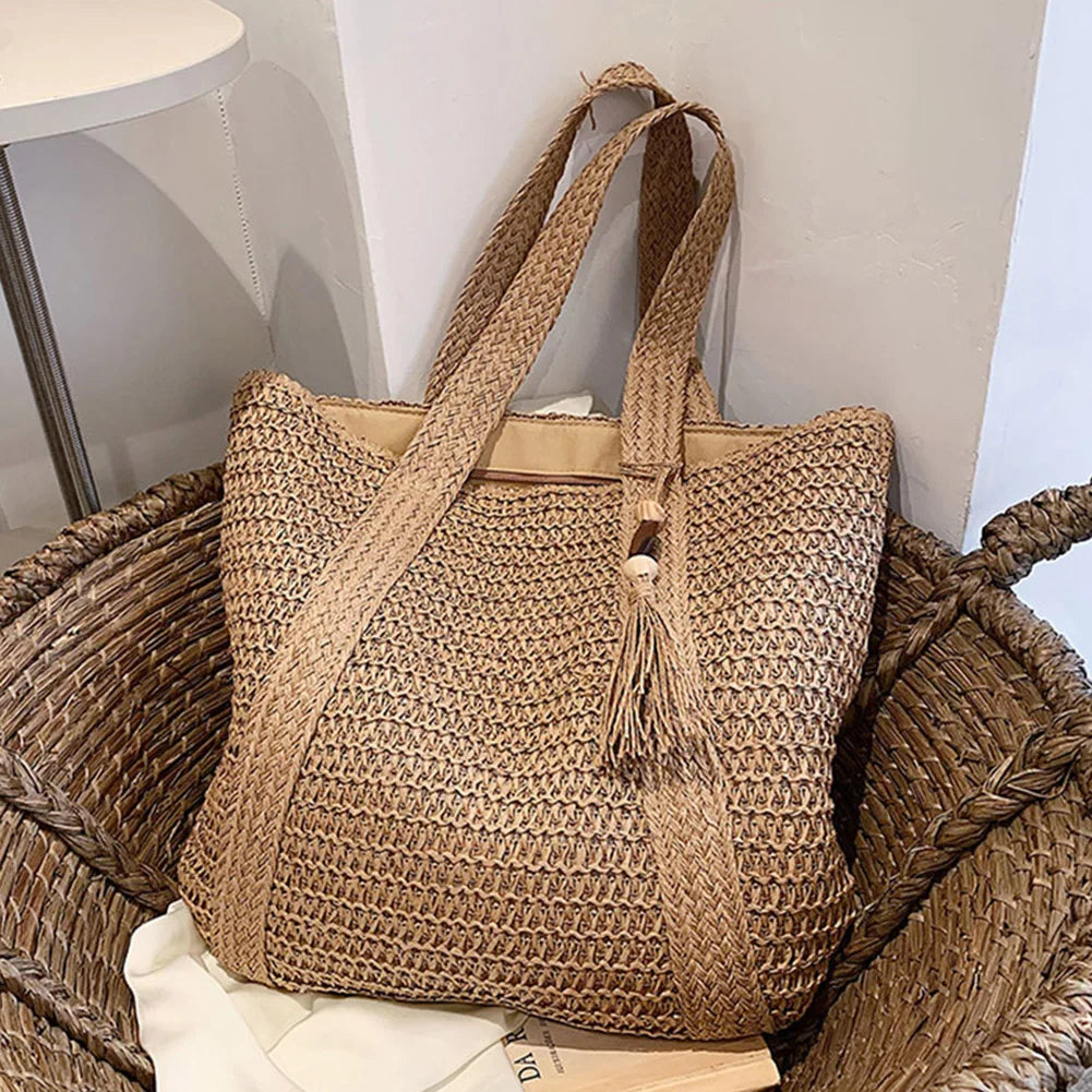 Boho Straw Beach Tote with Tassel – Curated by Zorafort