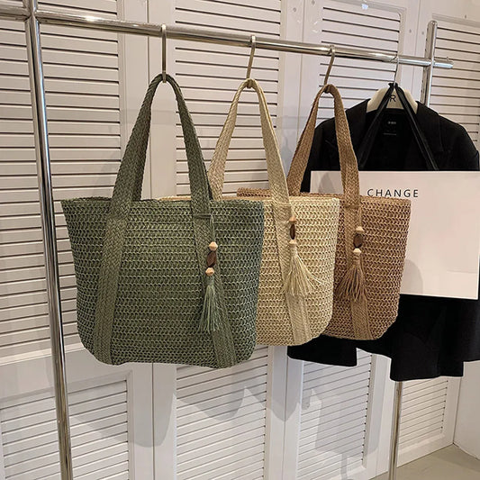 Boho Straw Beach Tote with Tassel – Curated by Zorafort