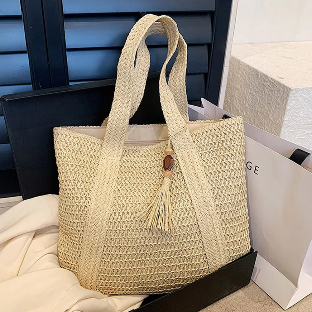 Boho Straw Beach Tote with Tassel – Curated by Zorafort